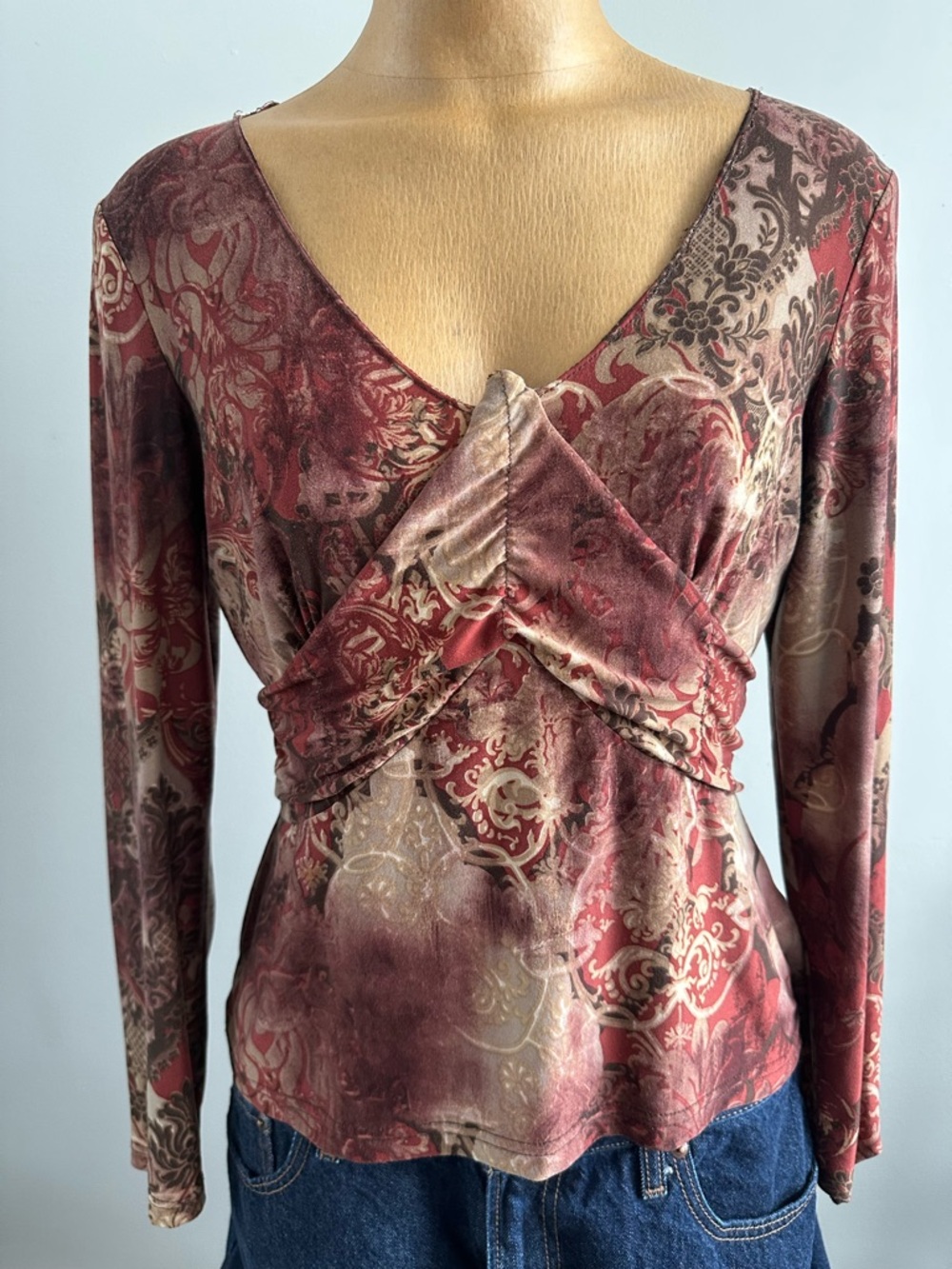Vintage Red Paisley Wrap-Style Long Sleeve Top